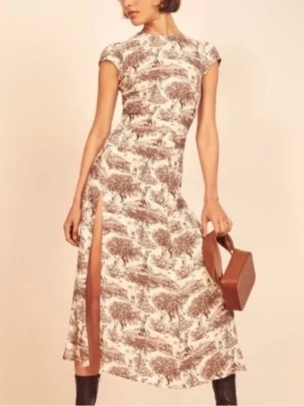 Reformation Cream. & Brown Printed Midi Dress with Side Slit